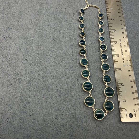 Teal Silver Bezeled Necklace As Is Dark Blue Round Chain Graduated Retro BoHo - Picture 7 of 8